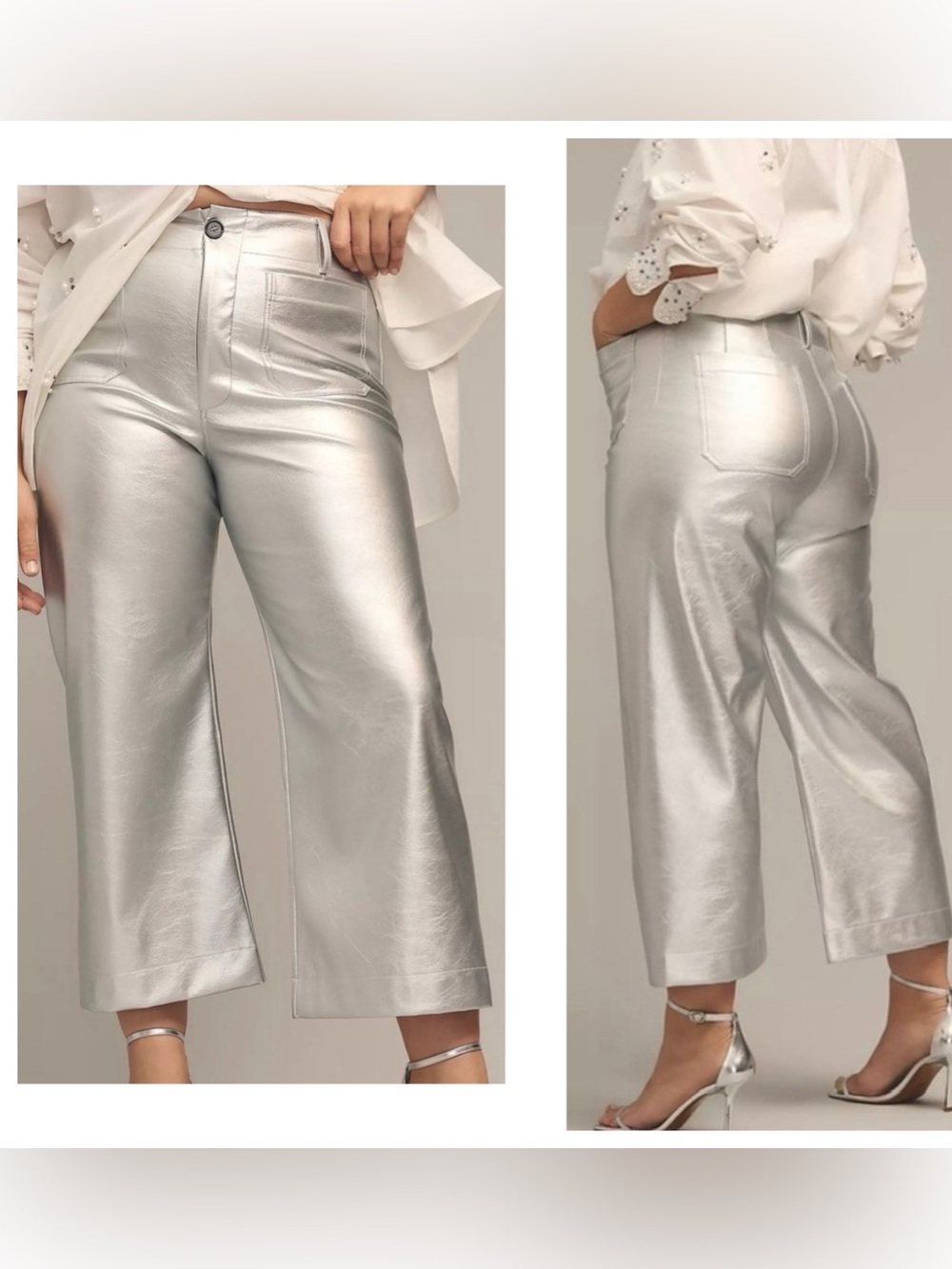 Anthropologie Maeve The Colette Cropped Metallic Silver Wide Leg Pants Size 18W